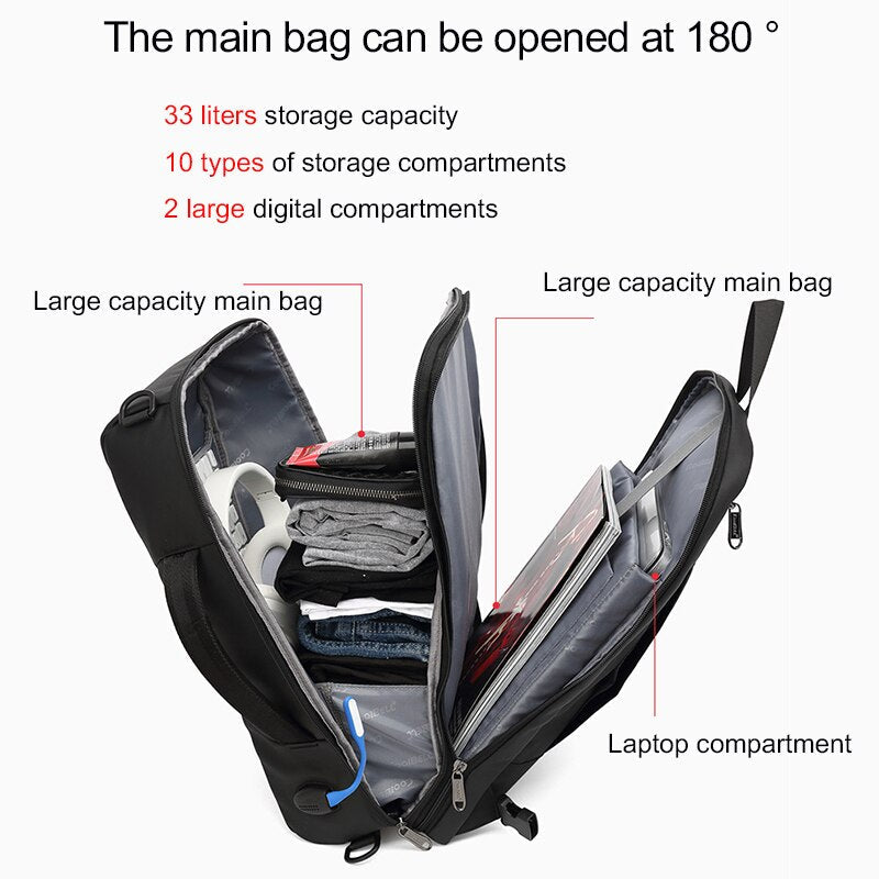 Coolbell Male Backpack Large Capacity Waterproof Laptop Backpacks 15.6 Inch Travel with Reflective Stripe USB Charging Bagpack