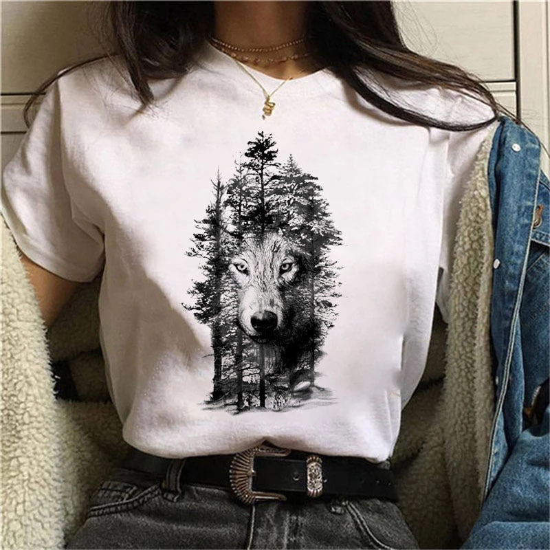 New Summer 2021 T-Shirt wolf Printed Tshirt Woman Cartoon graphic tee Anime Harajuku 90s Tshirt Ullzang Female Streetwear Tops