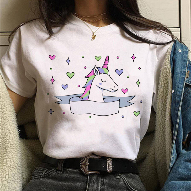 Women's t-shirt unicorn print cartoon O-neck t-shirt ulzzang Harajuku streetwear t-shirt Korean grunge female casual t-shirt