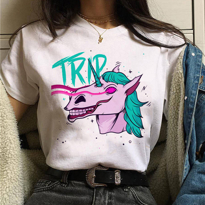 Women's t-shirt unicorn print cartoon O-neck t-shirt ulzzang Harajuku streetwear t-shirt Korean grunge female casual t-shirt