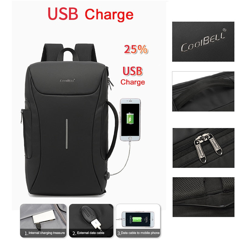 Coolbell Male Backpack Large Capacity Waterproof Laptop Backpacks 15.6 Inch Travel with Reflective Stripe USB Charging Bagpack