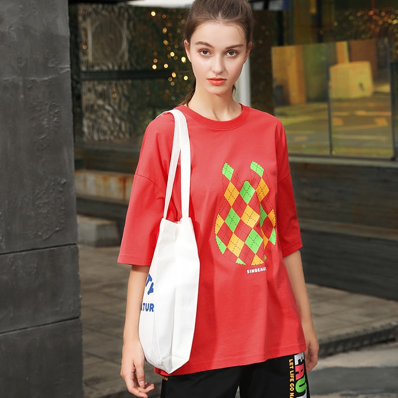 SINBEAUTY Woman Short Sleev Simple Design Double Sided Printing Lovers Fashion Cotton Casual Short Sleeve Round Neck T-shirt