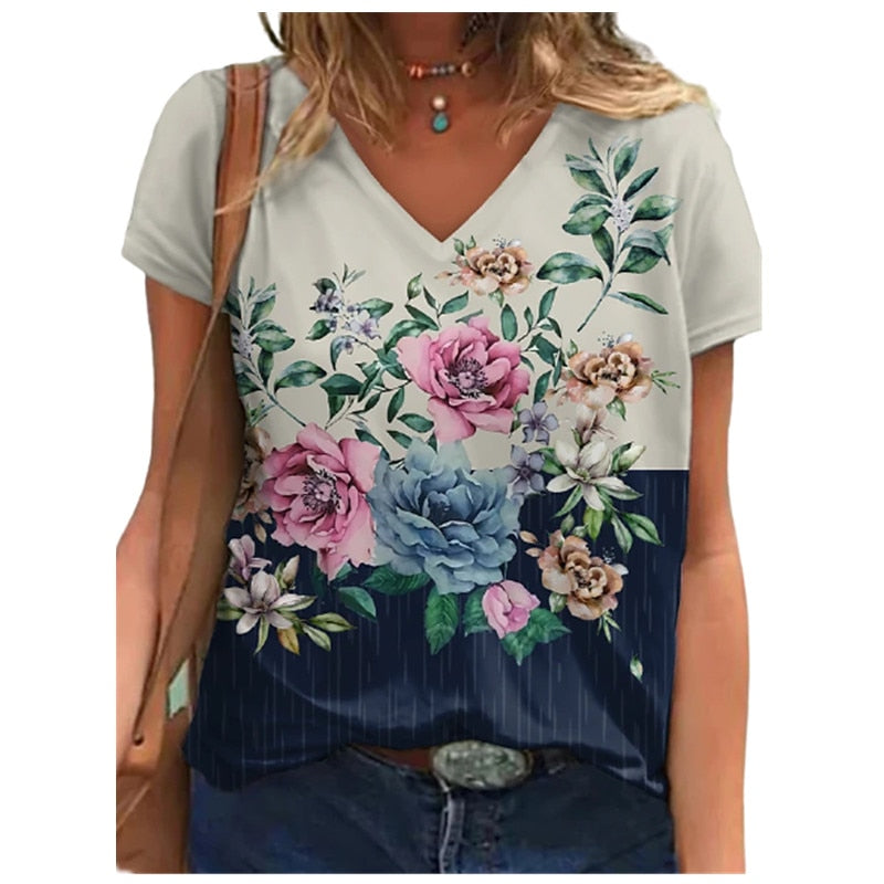 Vintage 3D Flower Print Women T Shirt Short Sleeve Loose V-Neck Street Casual Oversized Tops Summer 2021 New Large Size 4XL 5XL