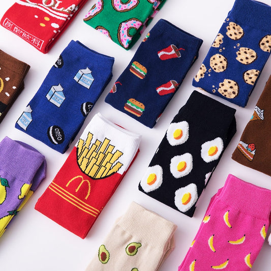 Women Socks Funny Cute Cartoon Fruits Banana Avocado Lemon Egg Cookie Donuts Food Happy Japanese Harajuku skateboard Socks