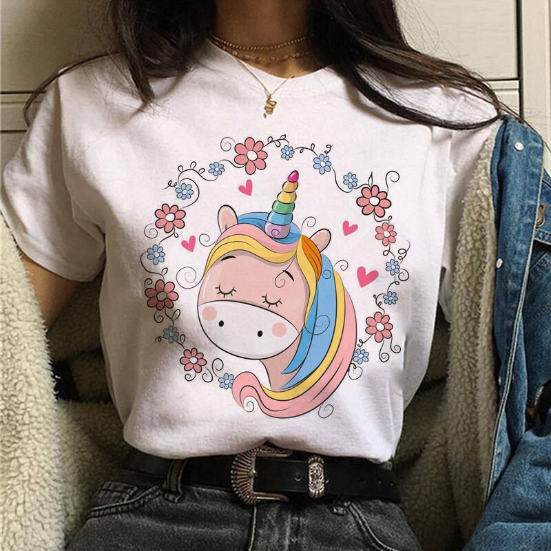 Women's t-shirt unicorn print cartoon O-neck t-shirt ulzzang Harajuku streetwear t-shirt Korean grunge female casual t-shirt